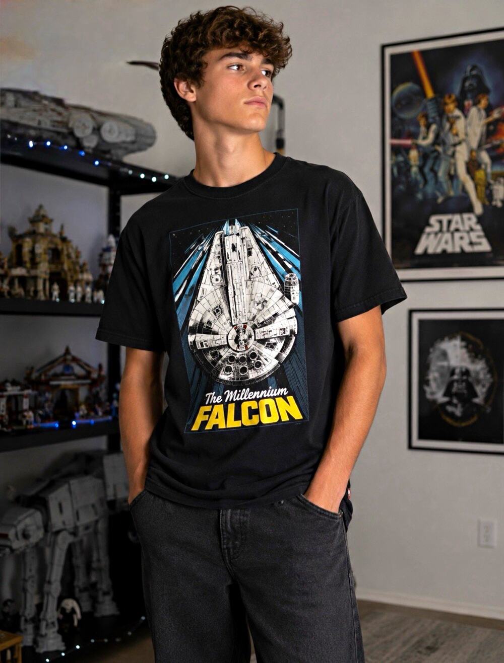 Star Wars Millennium Falcon Black Graphic T-Shirt Sci-Fi Franchise Apparel
